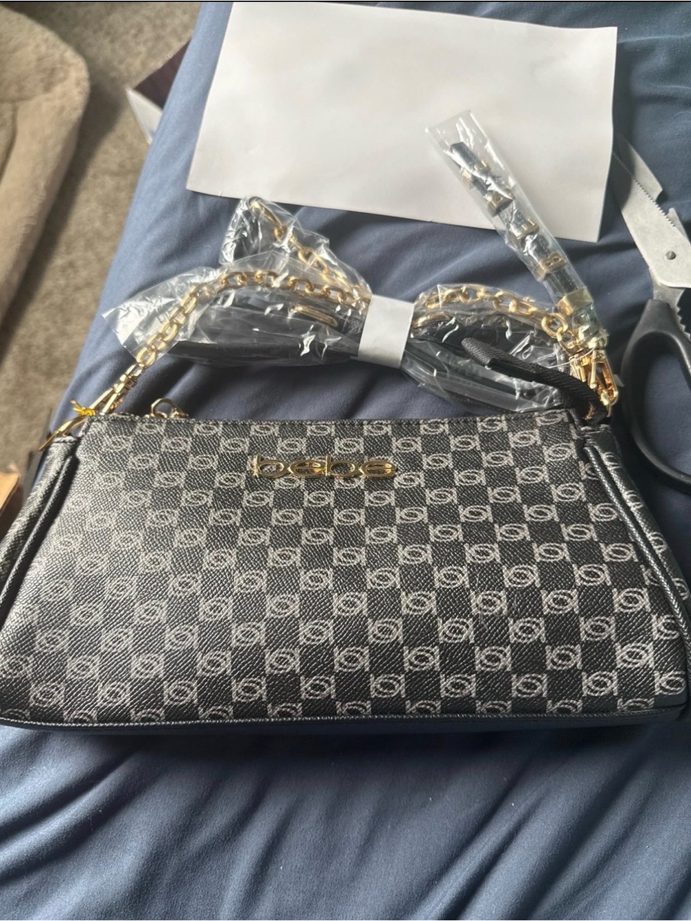 bebe Black Monogram Chain Shoulder Bag with Gold Hardware
